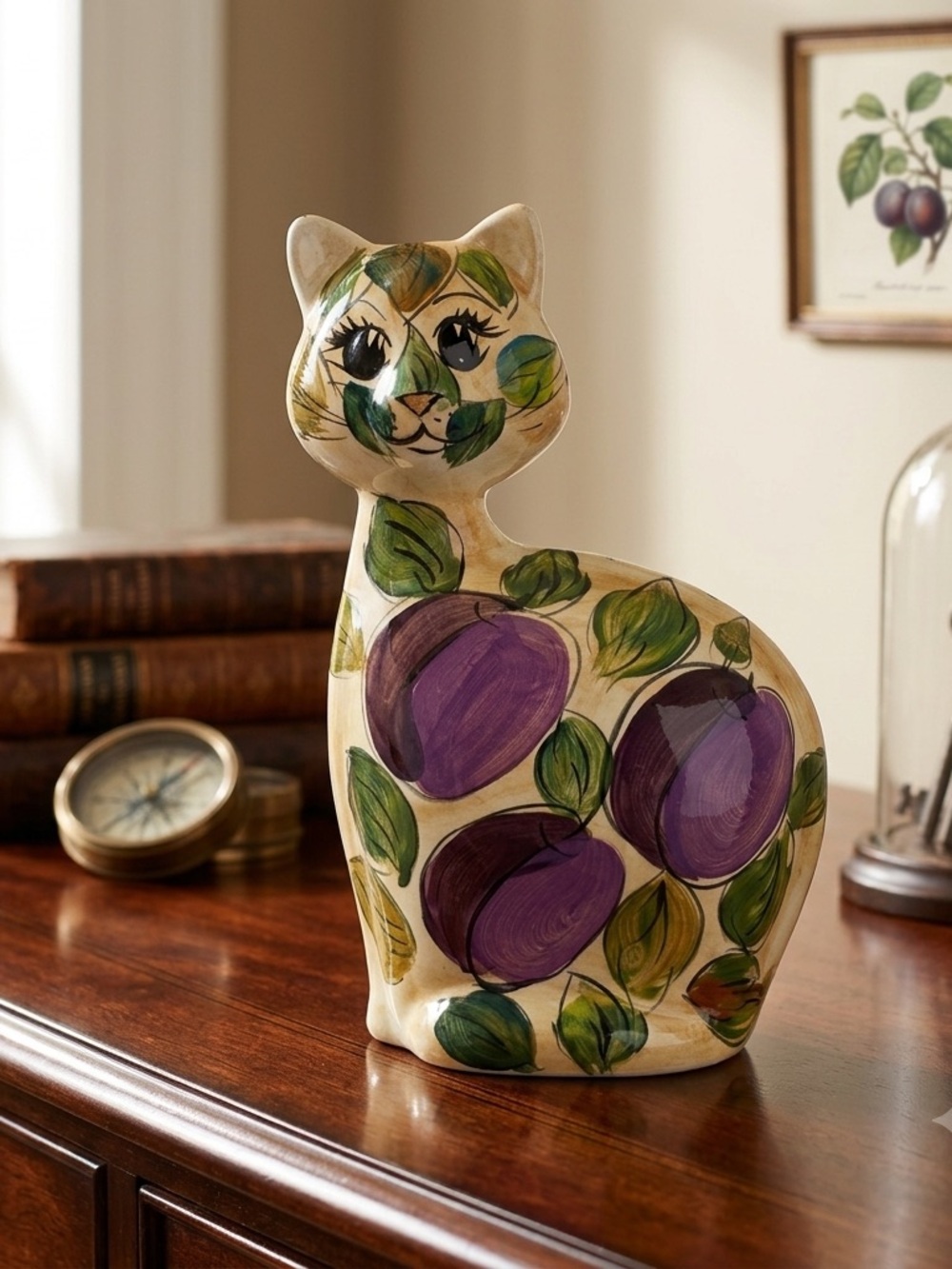 TUROV Art Ceramics Cat 9” Figurine Hand Painted Fruit Plum Signed